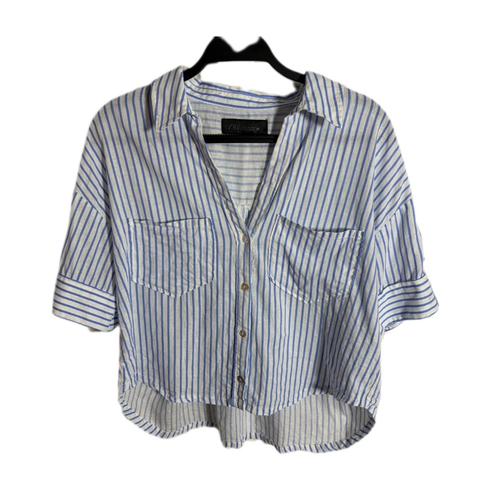 Zara Women’s Size M White and Blue Stripe Short Sleeve Blouse Shirt Button Down